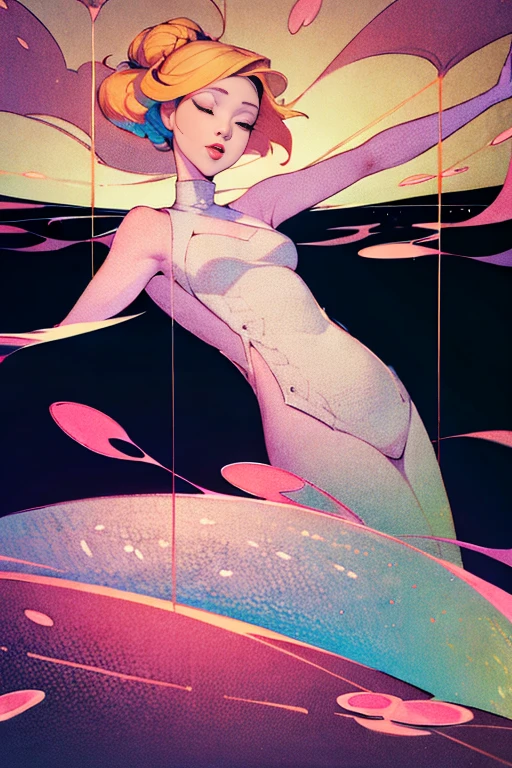 woman floating in the air, (multi-color hair), limp body, asleep, vibrant opalescent lighting, flecks in the air, dynamic lighting, warm color pallet, knit, brocade, gold carp, poppies, swirling air movement, wide angle, full body view, loose fabric, geometric shapes, small breasts, sherbet, persimmon, up-do hair, Bauhaus, geometric shapes, big puffy sweater