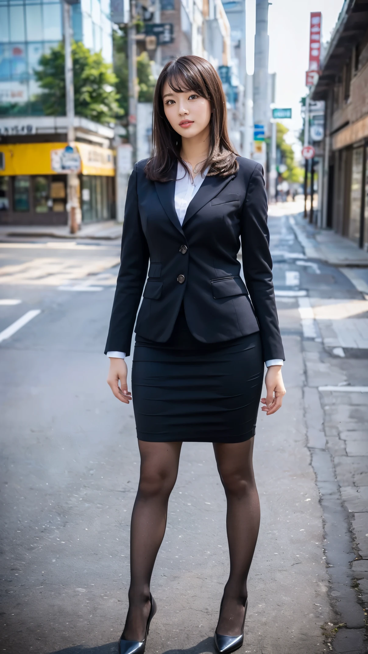 (masutepiece,High quality,16k:1.1),(depth of fields:1.3) ,((front body:1.35)),Japanese ,Woman, ((business suit, pencil skirt)), tights,huge breasts, voluptuous, thicc, curvy,(Looking at Viewer:1.3),(full body shot:1.2),(Beautiful Morning view of town:1.2),