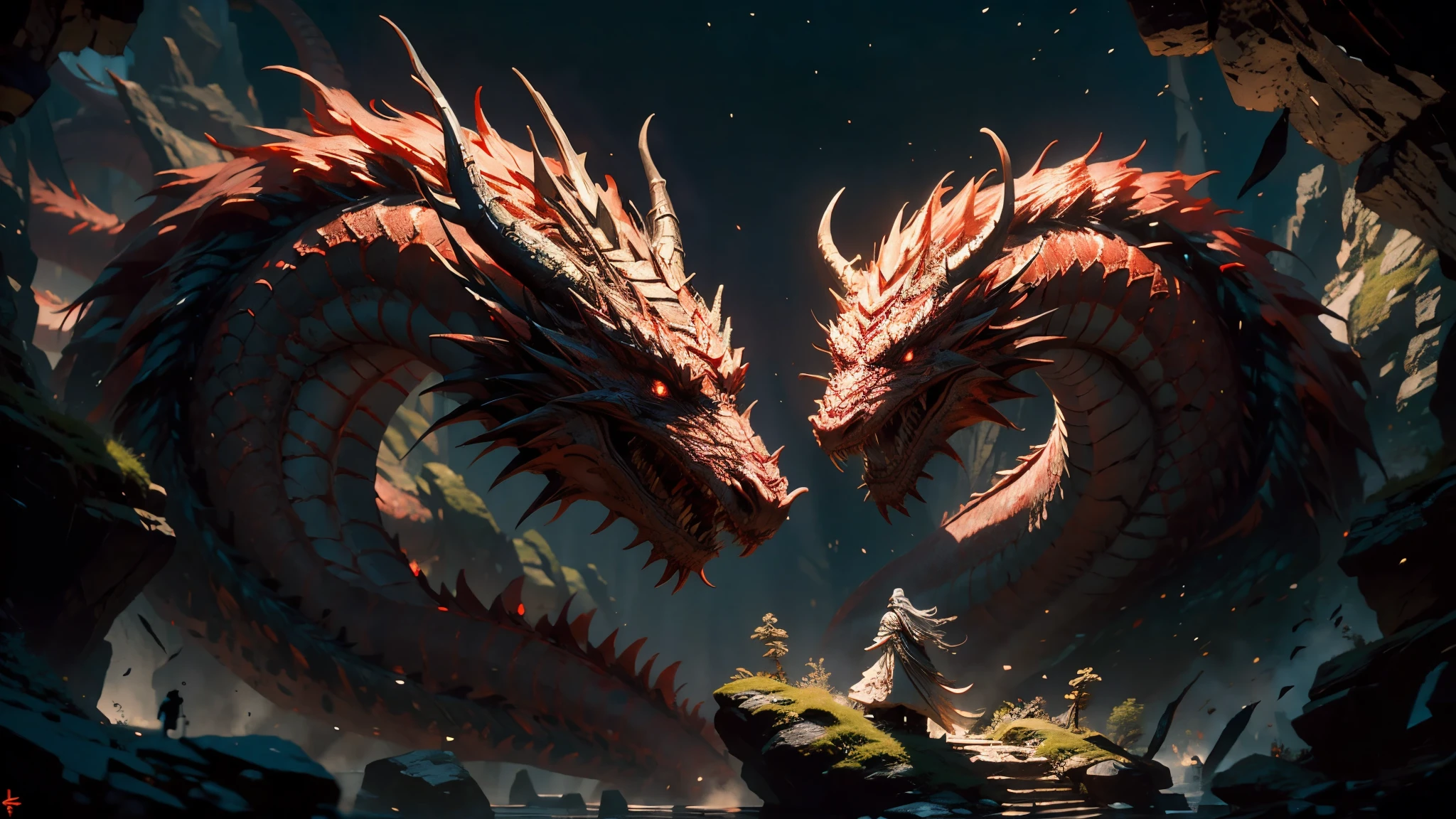 (masterpiece:1.4), extreamly detailed, perfect quality, dark fantasy,red and white colours, fantasy chinese dragon, red scales, white horns, white spikes, white glowing eyes, exit of the dark cave, look from the dark, dark green grass, stalagmites in the cave, huge exit, low light