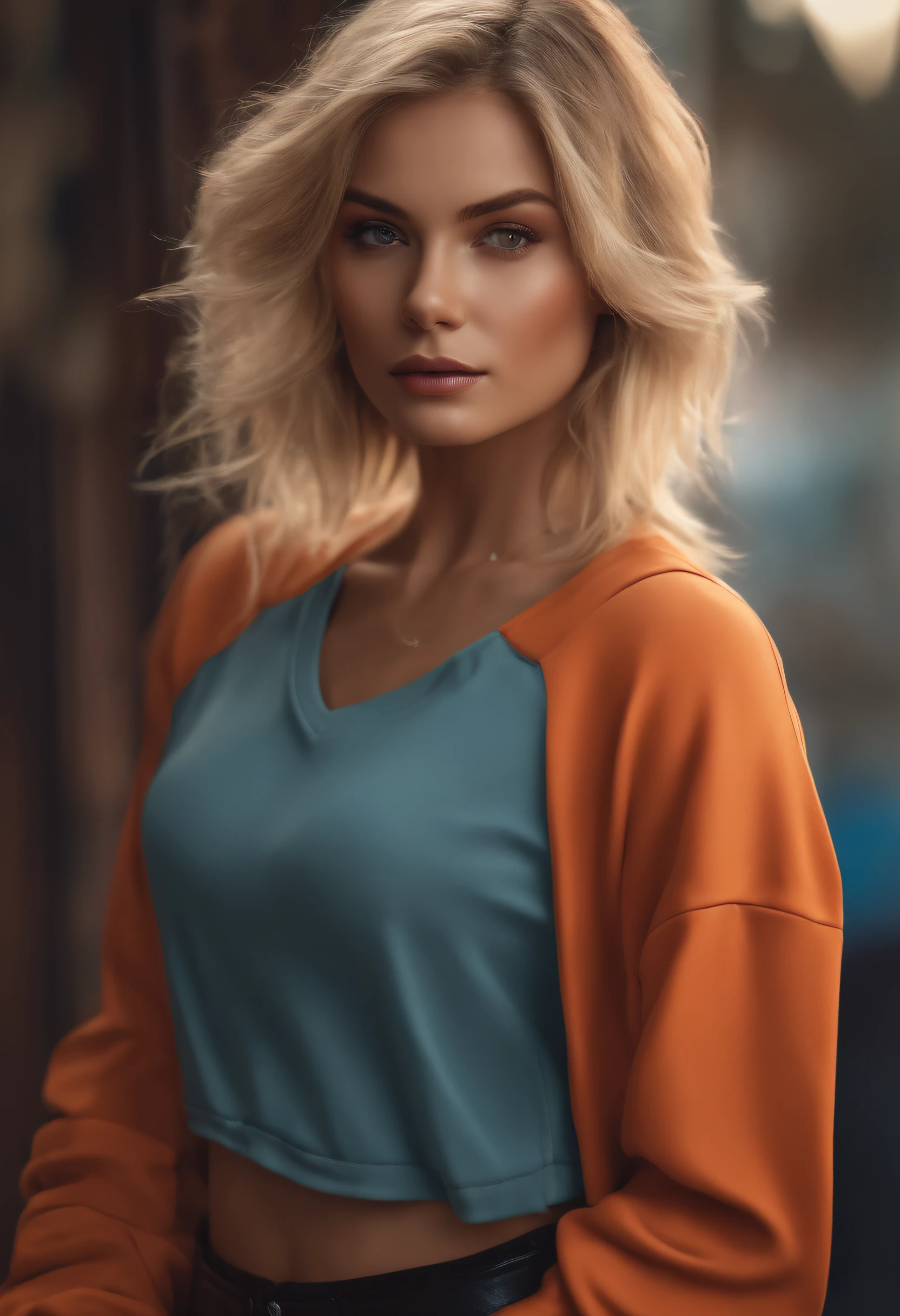 Realistic girl, blonde ,par le large, sweat-shirt, 4K , Cheveux courts, sexy