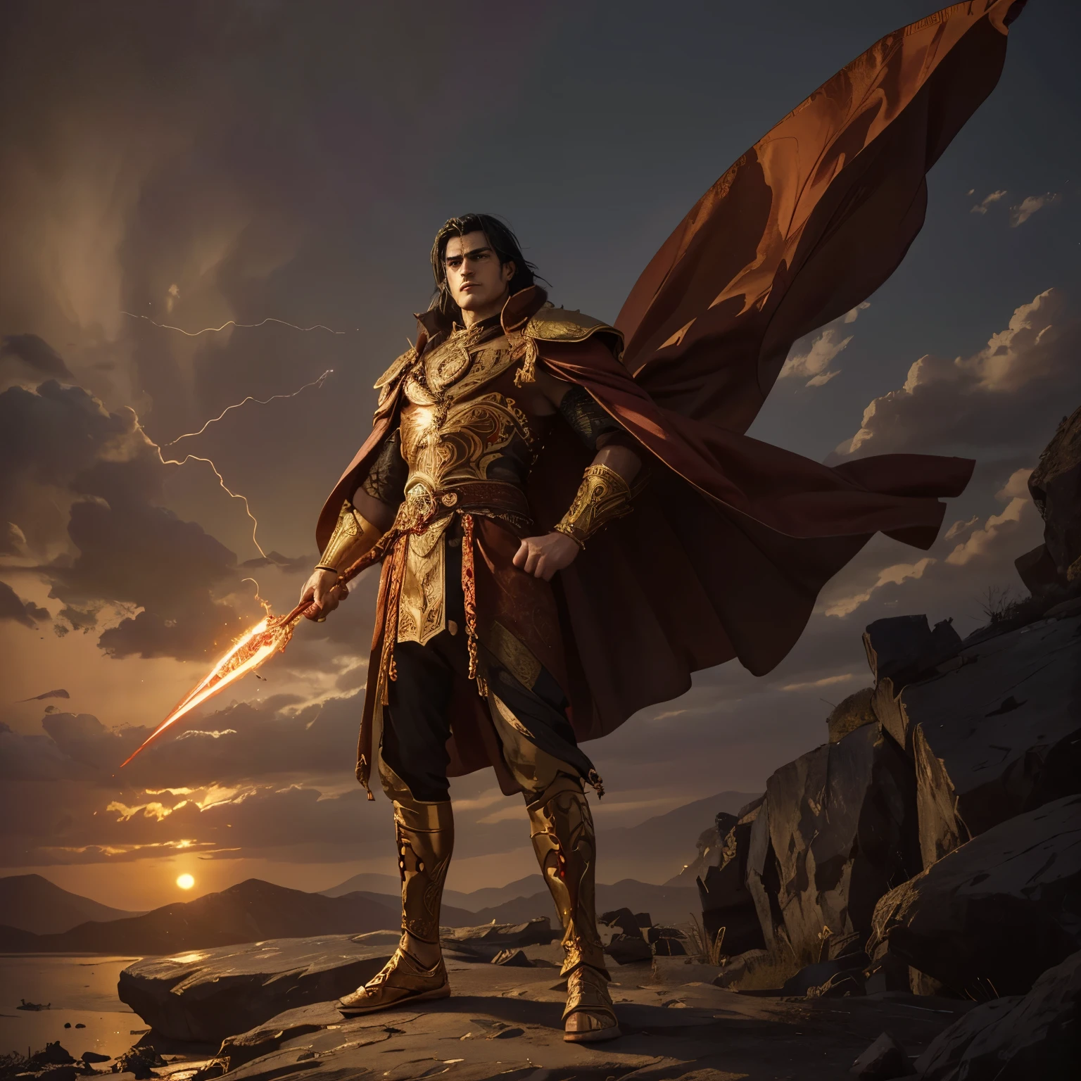 Generate highly detailed, high-quality images of a 25-year-old tall young man with pale skin, small brown eyes, a prominent nose, and thick eyebrows. Clean-shaven with a defined jawline, he has long black hair with a single gray strand. In a full-body image, depict him standing on a dark rock in an imposing pose, embodying the essence of a grand holy warrior.
Adorned in opulent red fabrics inspired by Byzantine aesthetics, featuring intricate golden patterns, he wears a full golden body armor and a long red cape. A ruby jewel graces his forehead. The calamitous background includes destruction, lightning, and fire, with the rising sun symbolizing hope on the horizon.
Capture the character covered in his own blood, bearing wounds, surrounded by intense magical red energy swirling around his body. Emphasize the highest quality and intricate details to vividly bring this compelling scene to life.