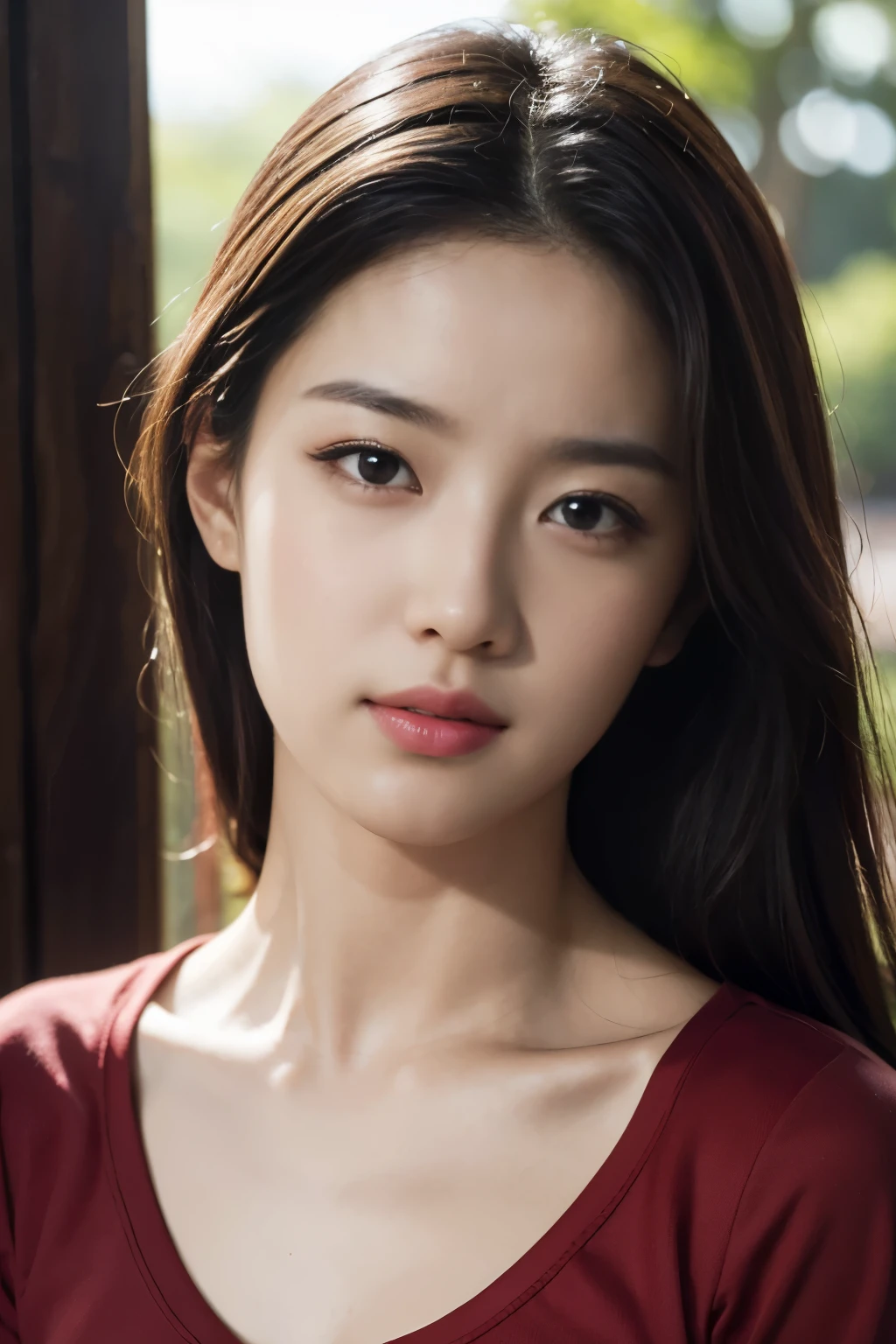 best quality, masterpiece, ultra high resolution, (realistic: 1.4), original photo, official art, wallpaper, Chest photo, skin, simple background, black eye, Details, 1 girl, red t-shirt, breeze, sunlight, shy face, Water Mist, studio lighting,