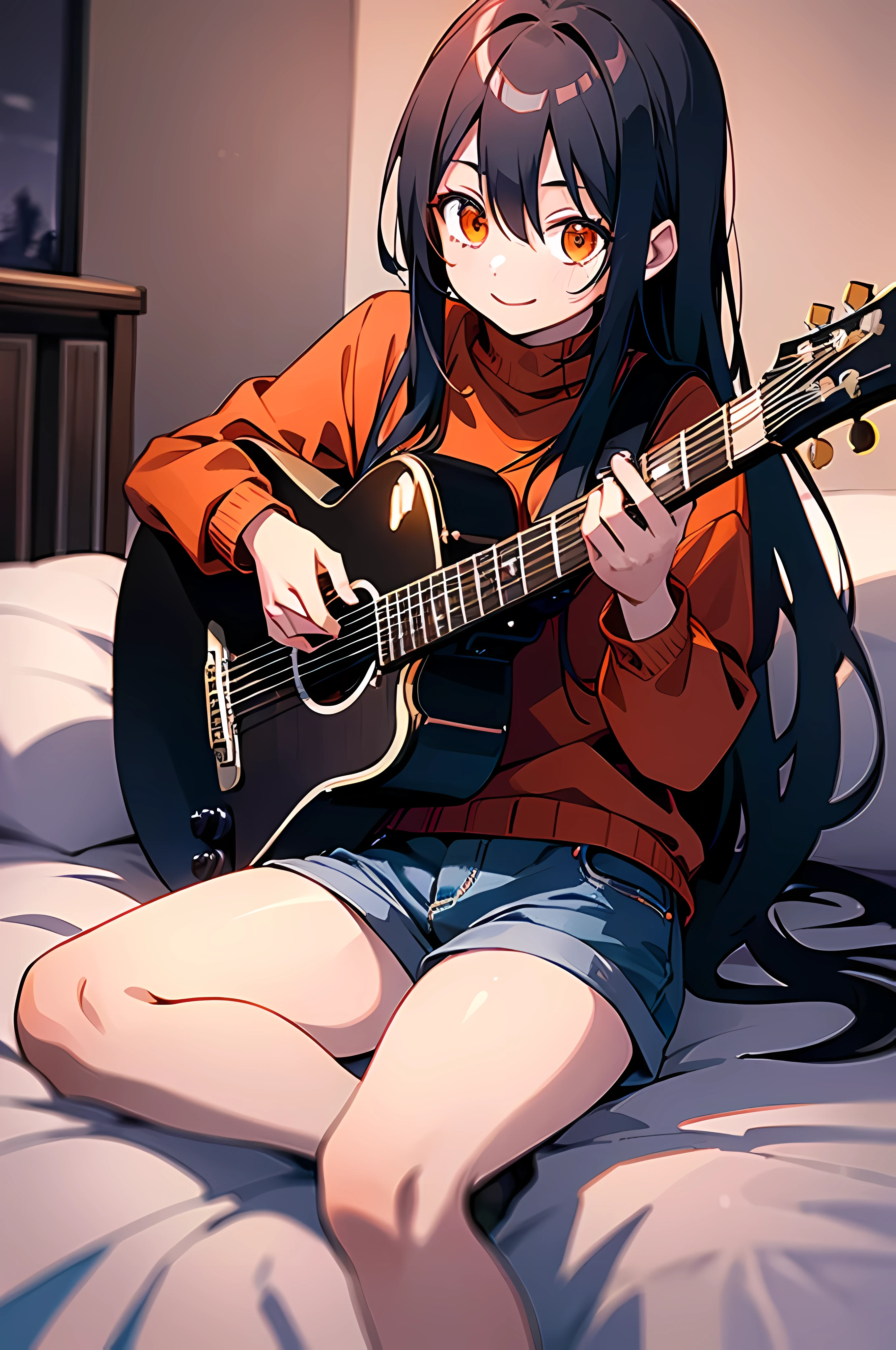 (8K Ultra High-Quality) (Masterpieces) (Image) (人物: Rimuru) 1 Girl 17years old, Long Black hair, Orange eyes colors, wearing Red sweater, wearing long Jean, playing red electric guitar, background in bedroom, sitting on bed playing guitar, Girl smile looking at guitar while playing it.