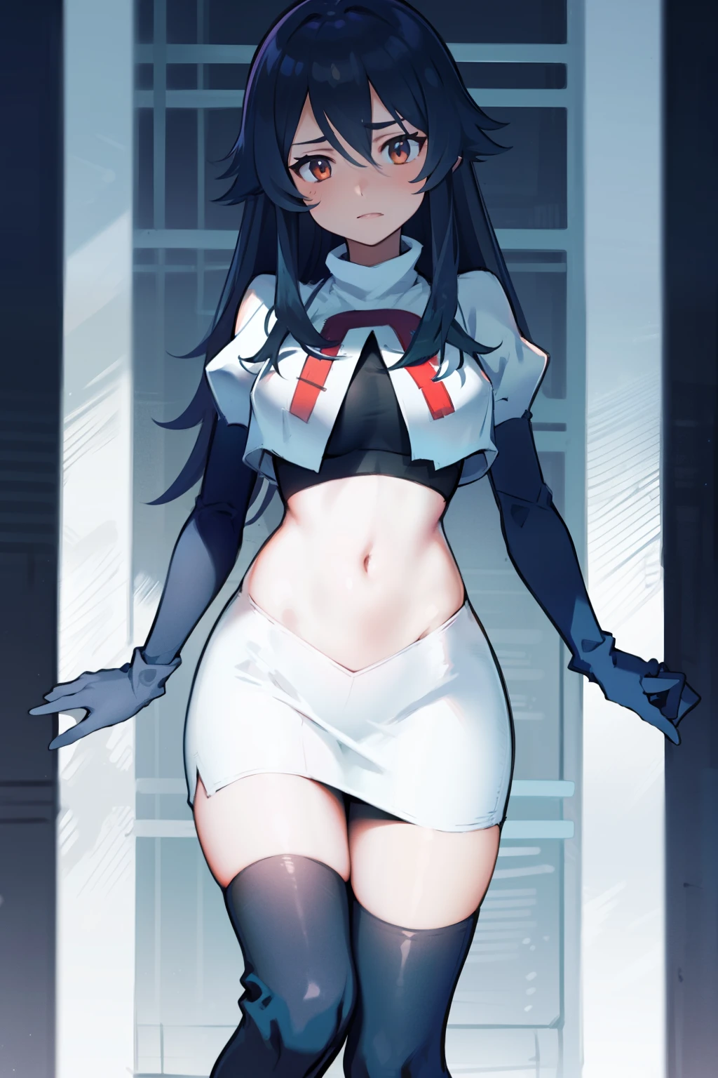 1girl,Layla,tsurime,team rocket,team rocket uniform, red letter R, white skirt,white crop top,black thigh-highs,black elbow gloves