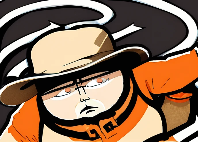 Dr Alphonse Mephesto lying down on Chinese Pool, White Skin, Fat Older Man, Light Brown Boonie Hat, Bandana cap, Black Line Bangs, Orange Tracksuit, South Park Art Style, By Jean-Pierre Meixiu 