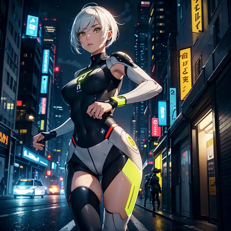 Detailed art, light-skinned humanoid Android with short gray hair with triangular bangs covering the eyebrows and bright yellow Cyborg eyes running on the run, female humanoid Android with a mark on her neck that says HUGE running away, her hair has long side bangs down to her waist and back hair and very short, its skin is synthetic similar to humans, running to escape at night in a city