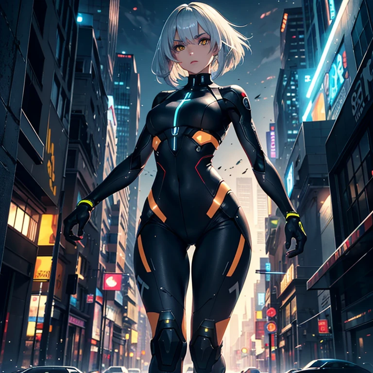 Detailed art, light-skinned humanoid Android with short gray hair with triangular bangs covering the eyebrows and bright yellow Cyborg eyes running on the run, female humanoid Android with a mark on her neck that says HUGE running away, her hair has long side bangs down to her waist and back hair and very short, its skin is synthetic similar to humans, running to escape at night in a city