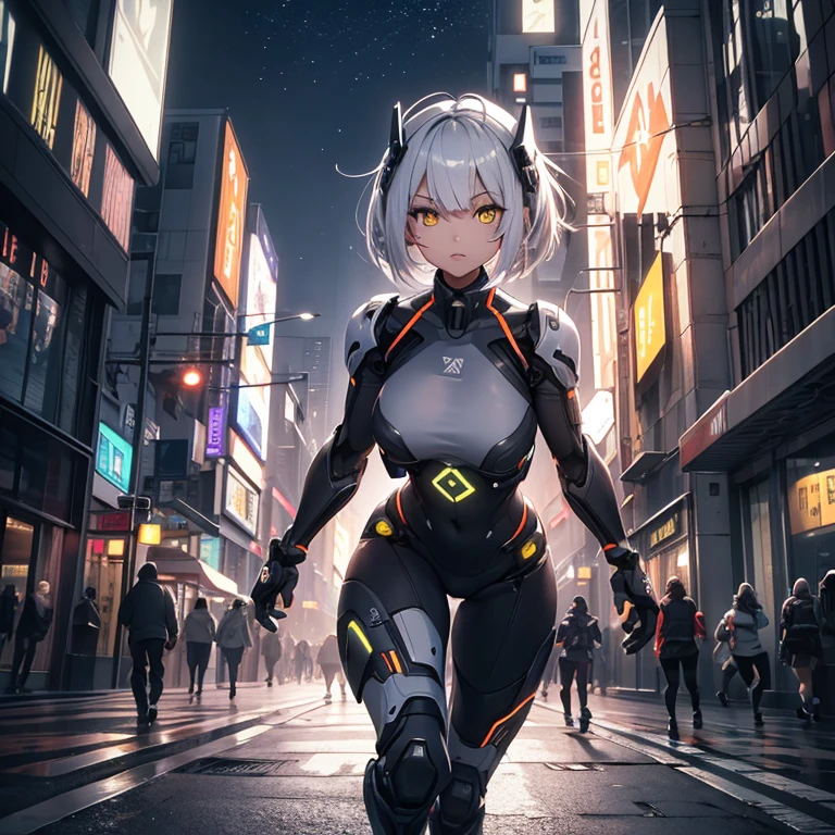 Detailed art, light-skinned humanoid Android with short gray hair with triangular bangs covering the eyebrows and bright yellow Cyborg eyes running on the run, female humanoid Android with a mark on her neck that says HUGE running away, her hair has long side bangs down to her waist and back hair and very short, its skin is synthetic similar to humans, running to escape at night in a city