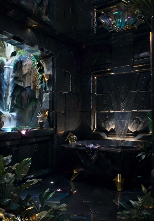 Queen of the Sea, black darkness of space, spaceship escape pod interiors looking out, incredible Na'vi-inspired luxurious futuristic bathroom interior in Ancient Egyptian style with many ((lush plants)) (lotus flowers), ((palm trees)), rocky walls, (sand), ((waterfalls)) (marble), ((precious minerals)), ((metals)), (gemstones), crystals, clouds and ((water)), (hieroglyphics), ((trees and plants made out of gemstones and precious minerals and lights)), crocodiles, (((ultra luxury))), (black marble) – with ((beautiful lights)), Unreal Engine, HQ, 16k