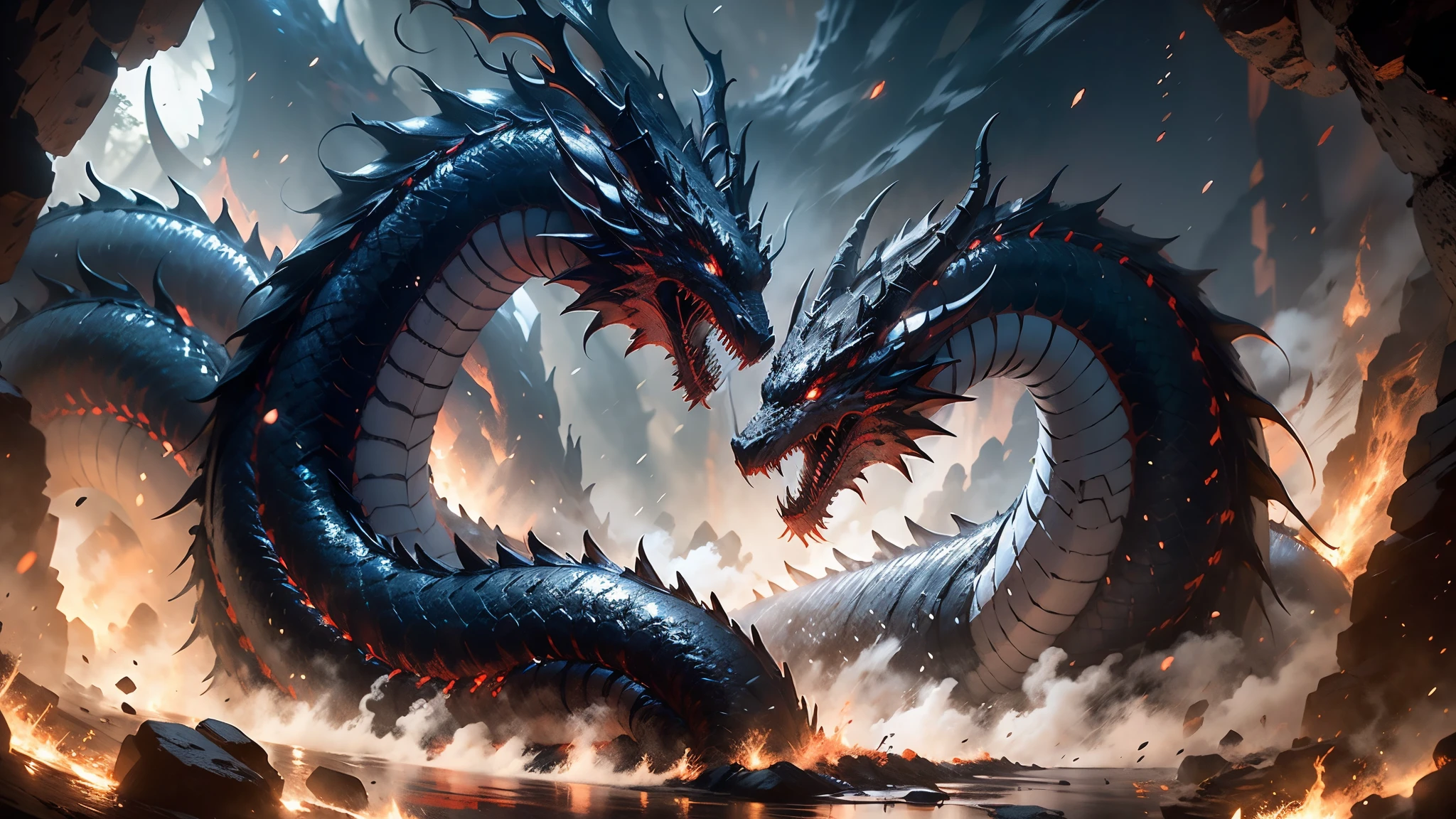 (masterpiece:1.4), extreamly detailed, perfect quality, dark fantasy,red and white colours, fantasy chinese dragon, red scales, white horns, white spikes, white glowing eyes, exit of the dark cave, look from the dark, dark green grass, stalagmites in the cave, huge exit, low light