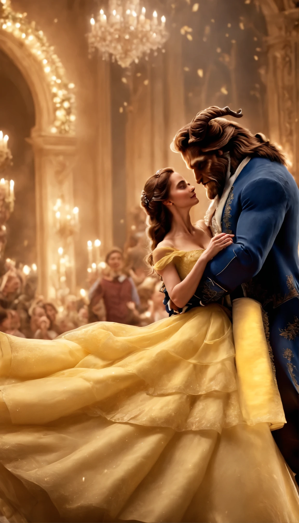 A magical moment in time of a live action version of Beauty and The Beast where Belle is dressed up like royalty and The Beast is dressed like a handsome prince at the most eligant ball in the world, fireflies and golden sparkles fill the background as if it were lighting up the dance floor, bokeh, depth of field, magical , cinematic 4k epic detailed 4k epic detailed ,shot on kodak detailed bokeh cinematic, natural texture, sharp focus, shallow depth of field , 35 mm f/1.2. --ar 4:5 --style raw --s 750 --v 6.0