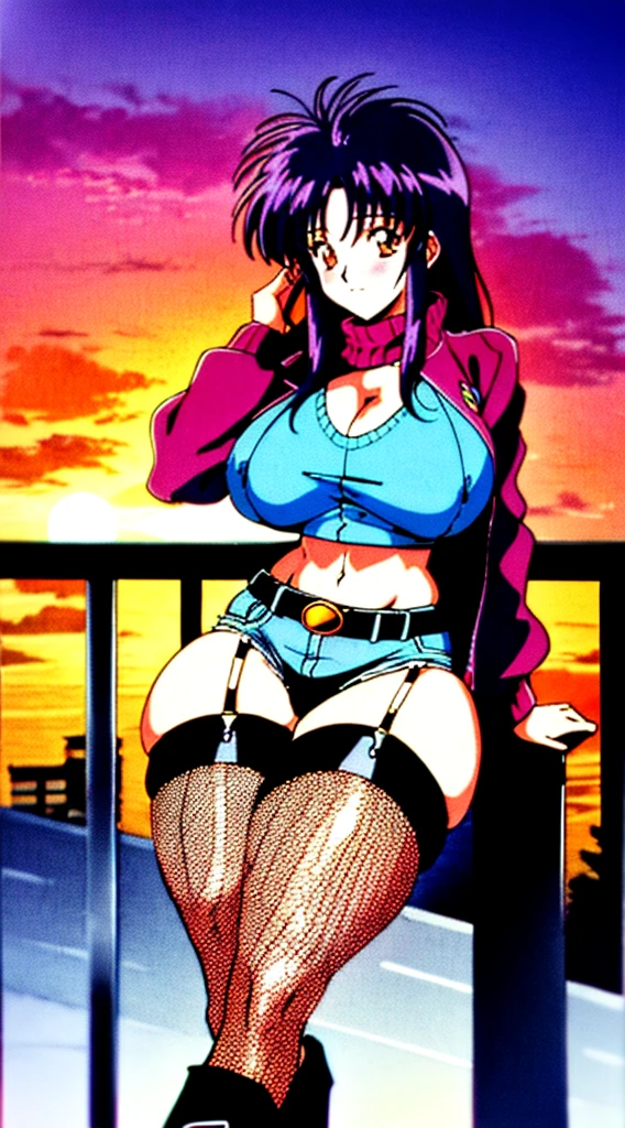 1990s anime, (masterpiece), high-definition, vibrant colors, korean girl, big boobs, big hips, messy dark purple hair, orange eyes, crop top sweater, jacket, shorts, belt, thong, thigh high stockings, boots, fishnet, balcony, leaning on the railing, sunset