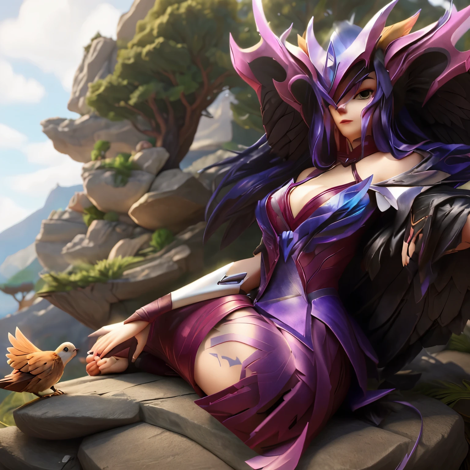 there is a woman sitting on a rock with a bird in her hand, irelia, Arte conceitual de League of Legends, Ahri, Arte de League of Legendse inicial, arte inicial, leblanc, da liga das lendas, Arte de League of Legends, liga das lendas arcano, official arte inicial, Arte conceitual da Riot Games, Obra-prima Deusa da Tristeza, Morgana