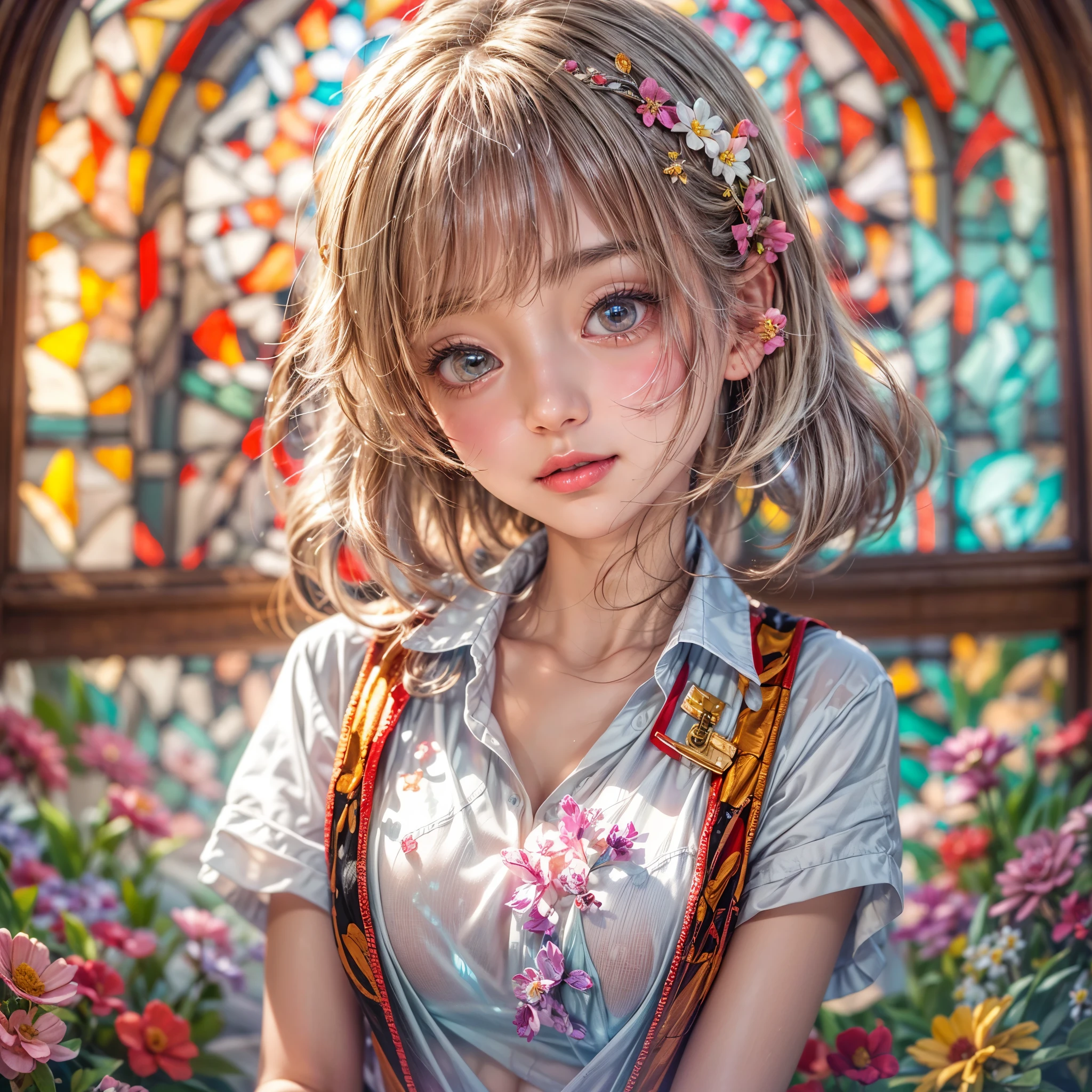 (NSFW:-0.98) . White and Red, (Dazzling colorful light pours down and reflects:1.2), (Physically-based Rendering with incredible detailed Textures), Award-winning Masterpiece of professional Analogue photograpy, { (((Photorealistic:1.37))) | (Hasselblad with F2.8) }, (((Acutance:0.85), { from below | from side } )) . ((A group photo of many KAWAII girls in (school uniform)) with visible Overflowing Cleavage) and Navel without bra . (((Extremely detailed KAWAII face variations)) with joyful expressions), { Glossy cute Lips Closeup | Detailed natural eyes with sparkling highlights and long eyelashes | Rosy cheeks | Navel | (pretty Ass) | (Overflowing underboob) | Oiled ivory skin Details | White panties with (blood seeping only in crotch area) | ((full of Flowers covering girl's body:1.15)) | (((Dazzling colorful stained glass with stunning elaborate details:1.2))) | Mystic sight | A Halo ling in the air | God rays | Haze | Lens flare | Luminescent particles | Kissing face to face } . Ultra-detailed, (Exposed:0.8), (((Nipple:-0.9))) .