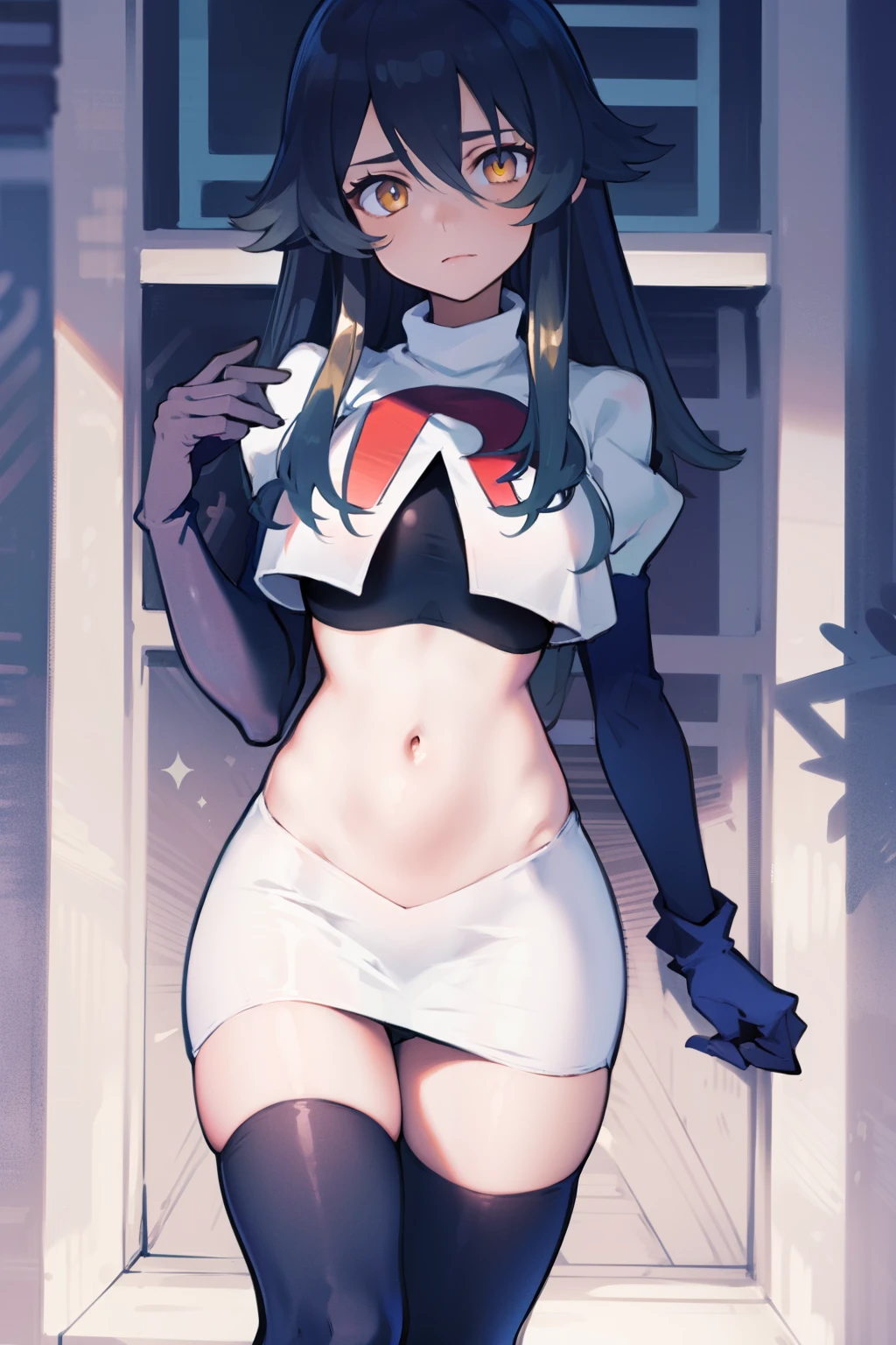 1girl,Layla,tsurime,golden eyes,team rocket,team rocket uniform, red letter R, white skirt,white crop top,black thigh-highs,black elbow gloves