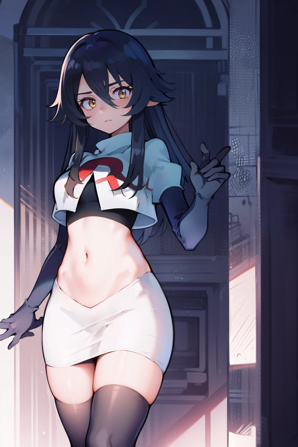 1girl,Layla,tsurime,golden eyes,team rocket,team rocket uniform, red letter R, white skirt,white crop top,black thigh-highs,black elbow gloves