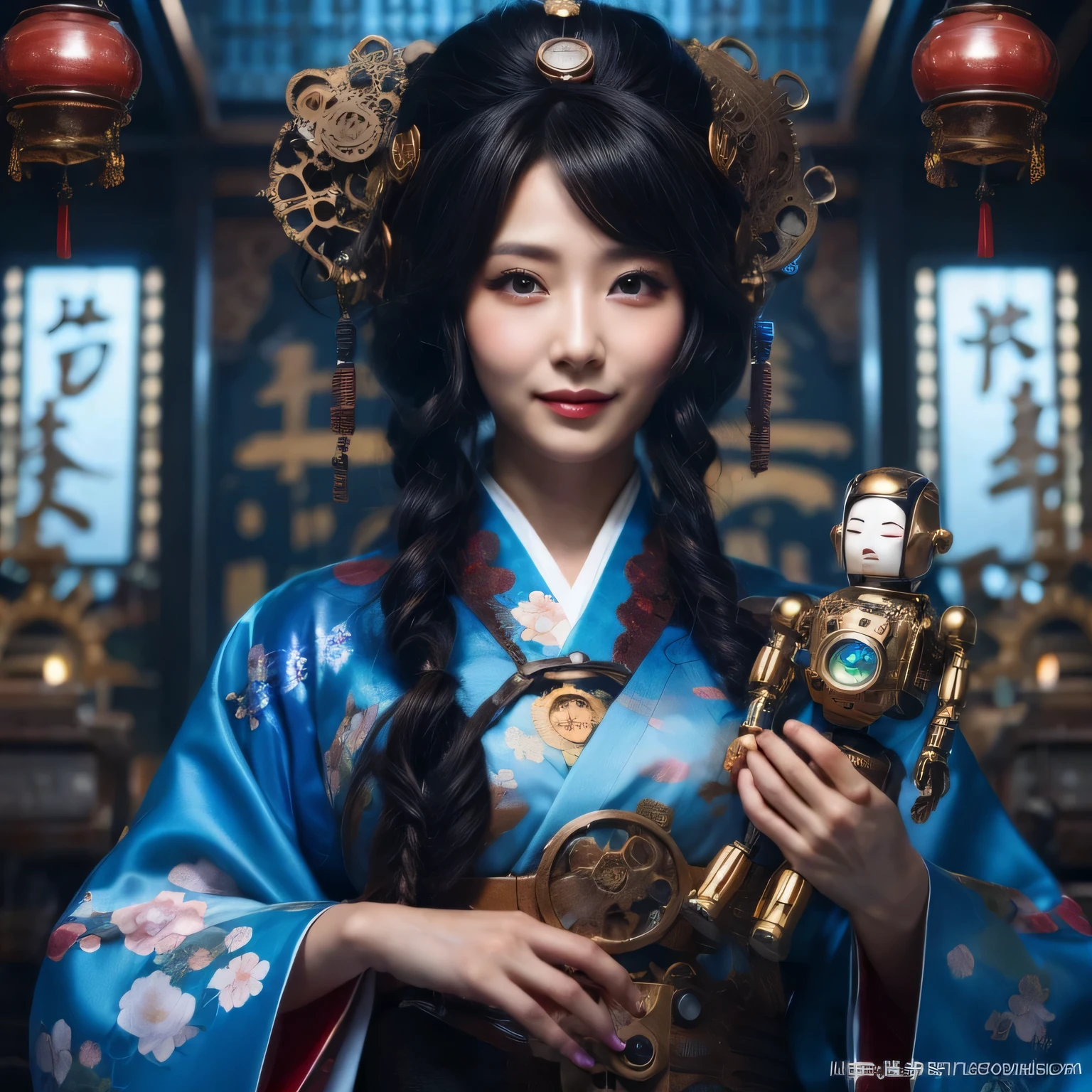 photo realistic, lip gloss, realistic, highest quality, ultra high resolution, depth, Steampunk Cyborg Japanese Landlady with Robot Kokeshi, nice, 21 years old, Smile 1.3, natural shading, looking at the viewer, long cyborg hair, cyborg black hair, detailed eyes in blue color, Japanese black kimono fused with mechanical elements, Japanese style filigree, decoration, Steampunk festival colorful background, night