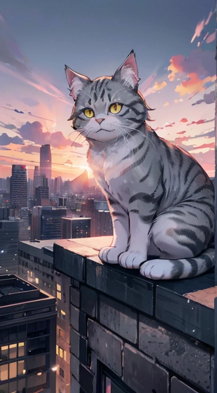 A big fluffy grey cat, perched solo atop a building's roof, captures a selfie with a quirky expression using a vintage film camera. The sunset bathes the scene in an orange and pink pastel hue, creating a serene and tranquil atmosphere. The fisheye lens on the camera reflects the expanse of the cityscape below, boasting intricate details and ultra-high definition in 8k resolution. Depth of field cinematography adds a dramatic flair to the establishing shot, spotlighting the cat's fluffy form.

This high-quality, ultra-detailed scene is an artistic masterpiece, reminiscent of the film noir