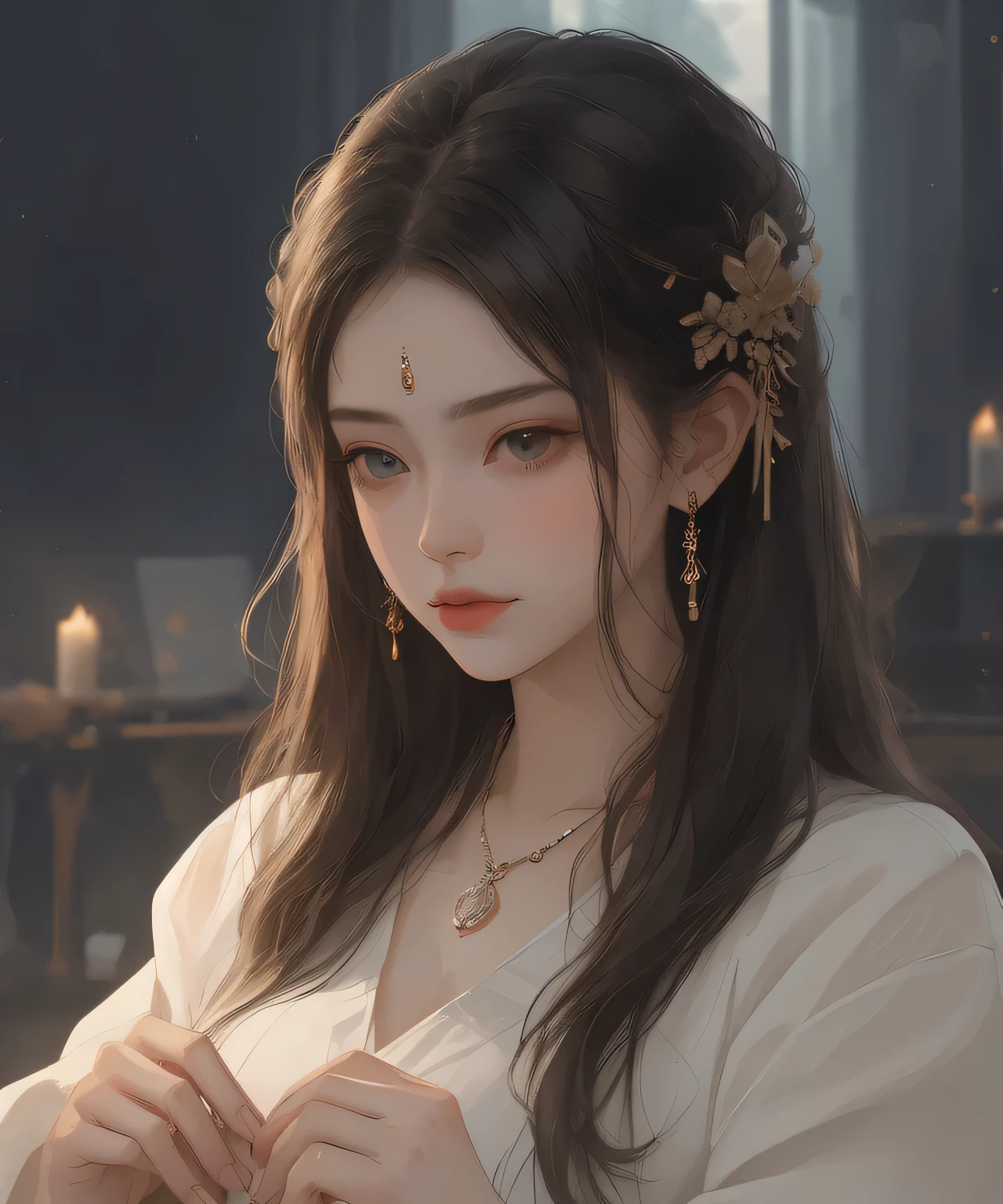 best quality, masterpiece, high resolution, 1 girl, Porcelain dress, Exquisite hair accessories, beautiful necklace, Fine jewelry, pretty face, physical, Tyndall effect, actual, shadow studio, edge lighting, Dual color lighting, (High detail skin: 1.2), 8k ultra high definition, SLR camera, soft light, high quality, Volumetric light, I&#39;I击, photo, high resolution, 4K, 8k, background blur,