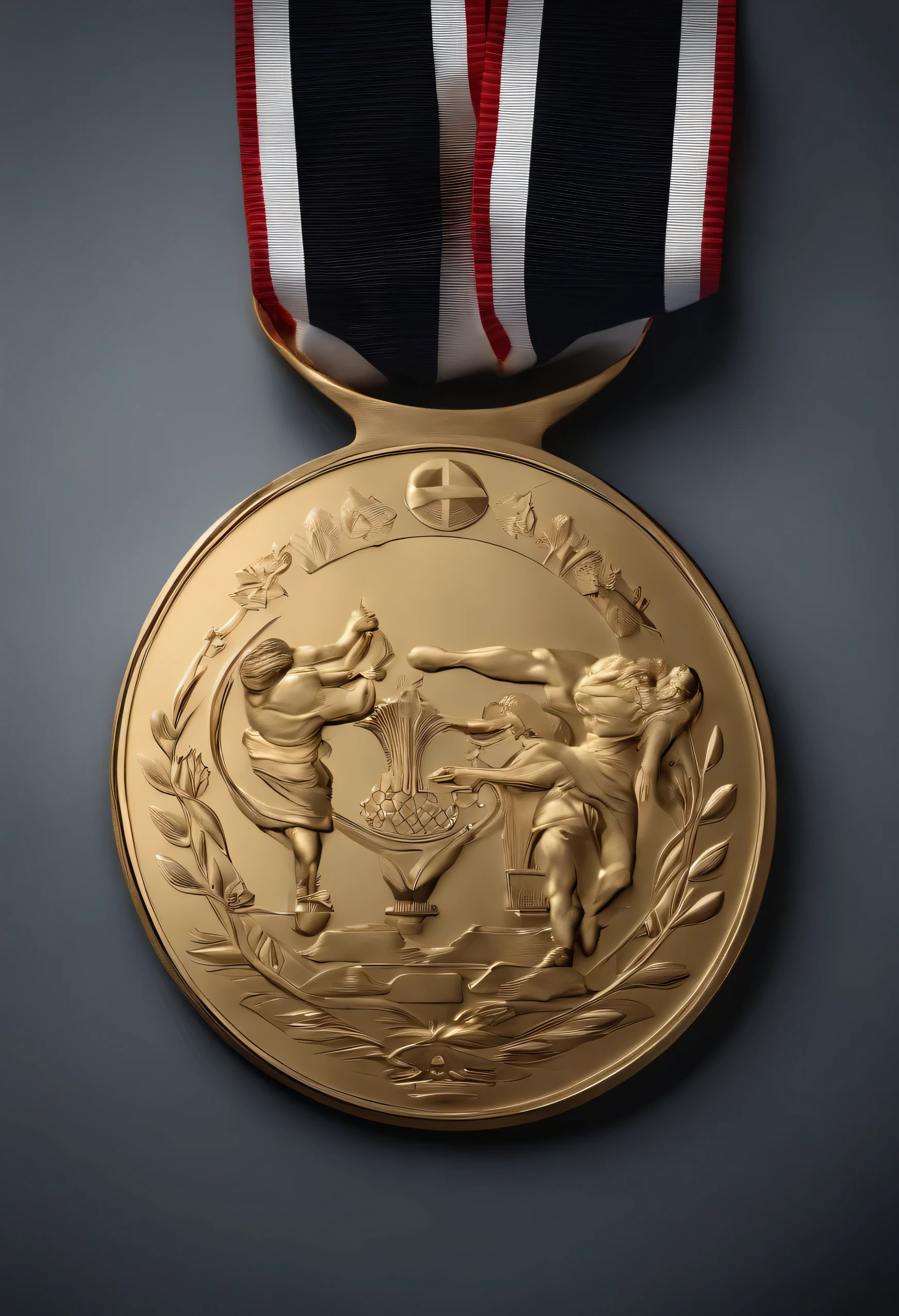 A photorealistic, golden Olympic medal