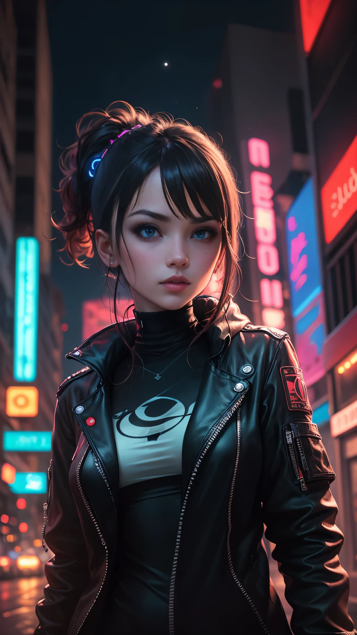 cyberpunk, Female 1, women suit, Looking straight ahead, ID photo, korean, long hair, Straight hair, Black suit, portrait, seductive breasts, cleavage, ultra high definition, Brilliant colors, 사실적 표현, 정 자, determined, bangs, mole under eye, high detail, depth of field, chromatic aberration, sparkle, ray tracing, first-person view, pov, viewfinder, cinematic lighting, Canon, Sony FE GM, lens flare, 8K, UHD, super detail, high details, best quality, award winning, super detail, 8k, textured skin, anatomically correct