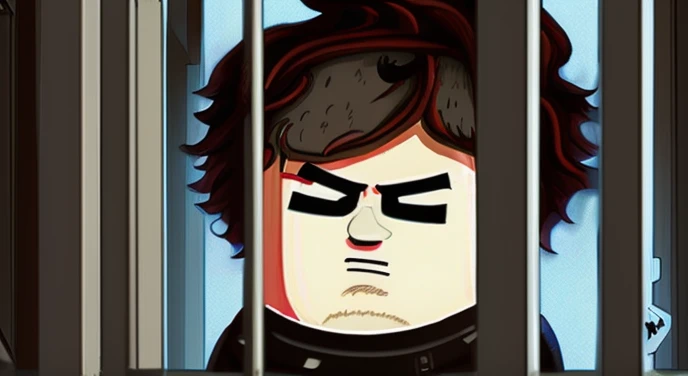 Eric Cartman in a jail cell with window, brown hair, short hair, messy hair, curly hair, bangs, demon horns, Jailbreak Suit, Surrealism, 8k, super detail, 1080P