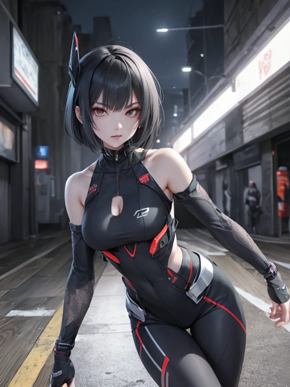 Detailed art, light-skinned humanoid Android with short black hair with triangular bangs covering the eyebrows and bright yellow Cyborg eyes running on the run, female humanoid Android with a mark on her neck that says HUGE running away, her hair has long side bangs down to her waist and back hair and very short, its skin is synthetic similar to humans, running to escape at night in a city
