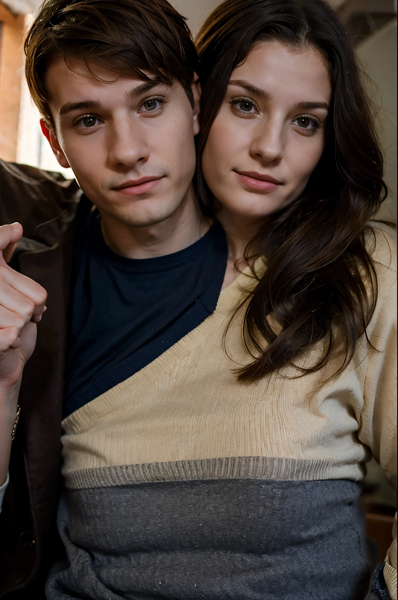 2heads, male female couple, age 18, Irish, two heads on one body, one torso, casual clothes,