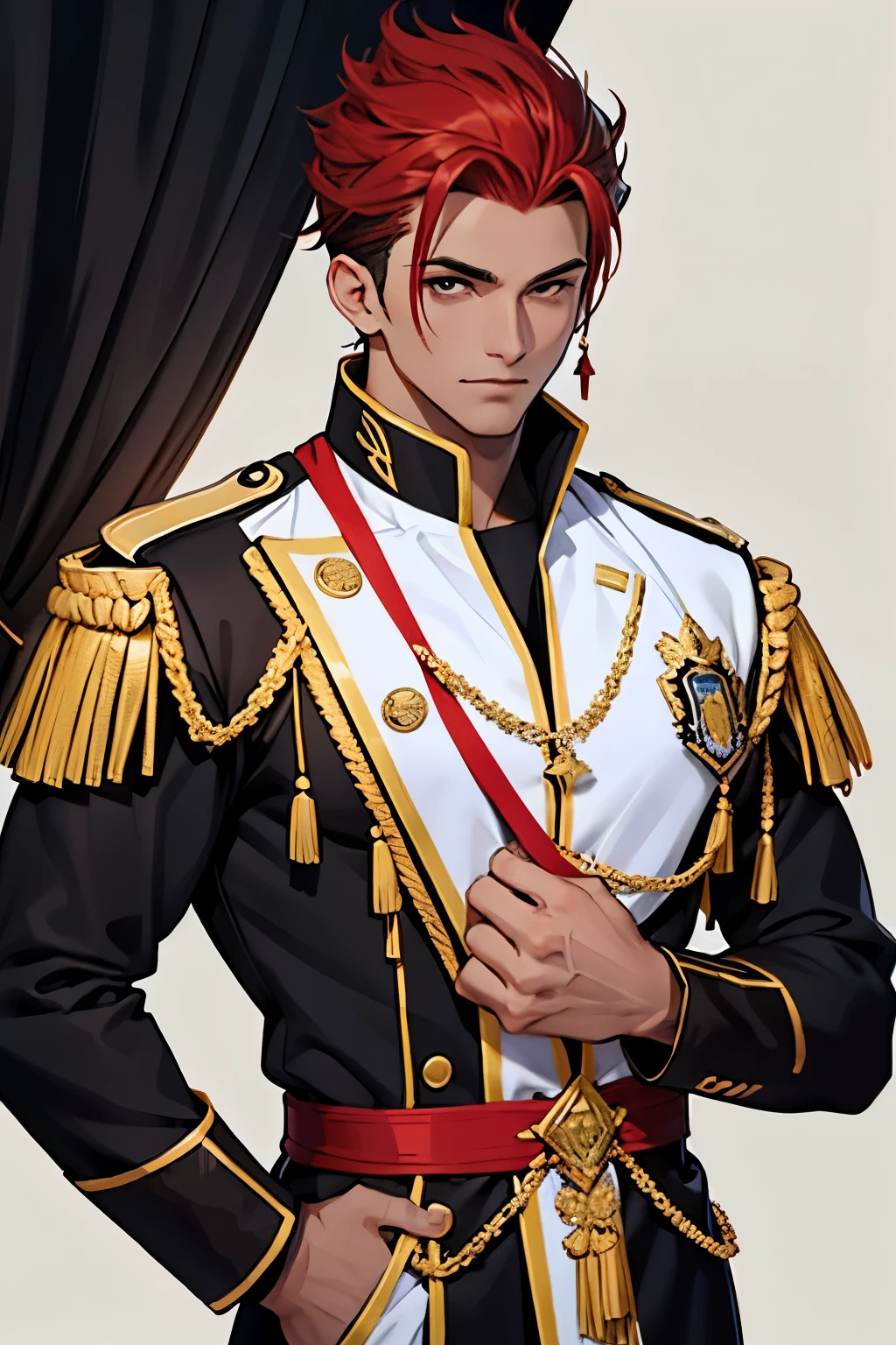 crie um uniforme masculino de marechal usando as cores preto branco e vermelho e dourado, predominantemente preto