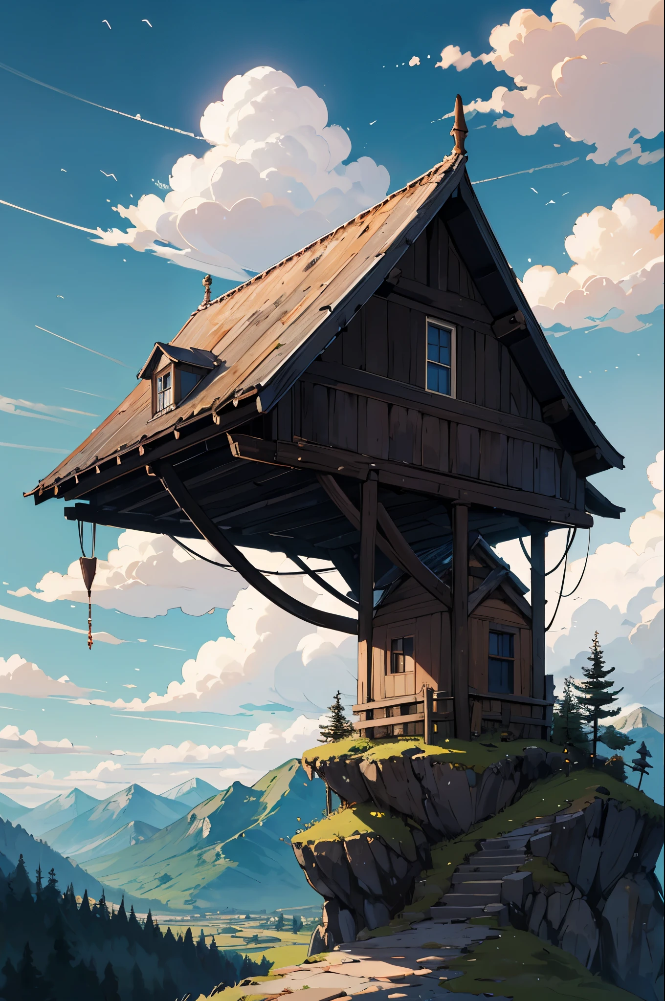Dark house, clouds, trees, rever, mountain