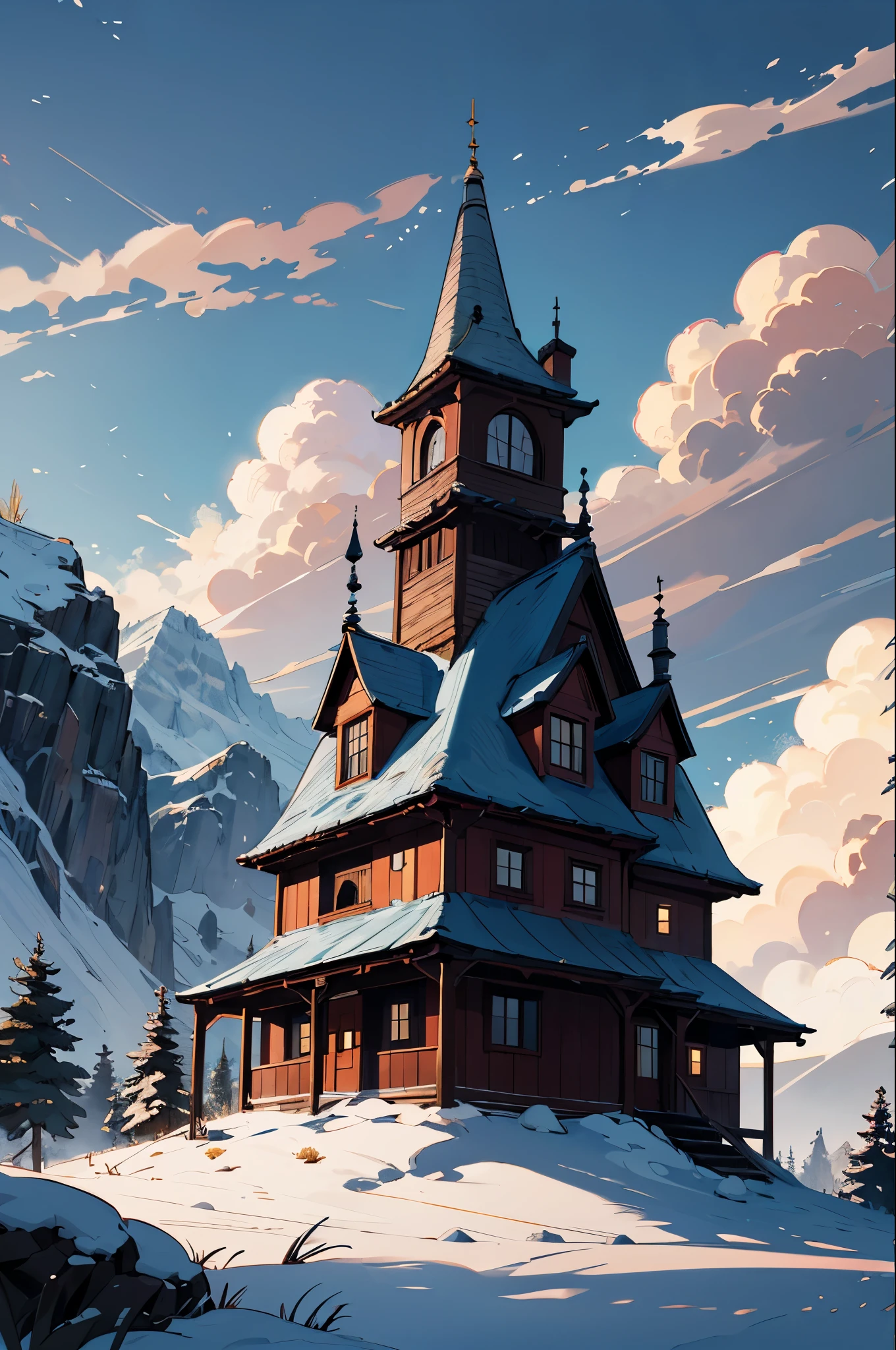 Dark house, clouds, trees, rever, mountain