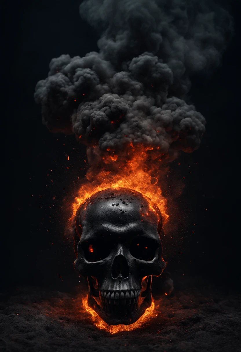 Floating mid air, Extremely intimidating looking all black skull, skull consists of only ashes and embers, enormous amount of embers raining down on the skull, small flames inside of the eyes, floating down from the ceiling, high definition , hdr, 8k quality, low light, 3d, dark intimidating environment, creative, cinematic, photography
