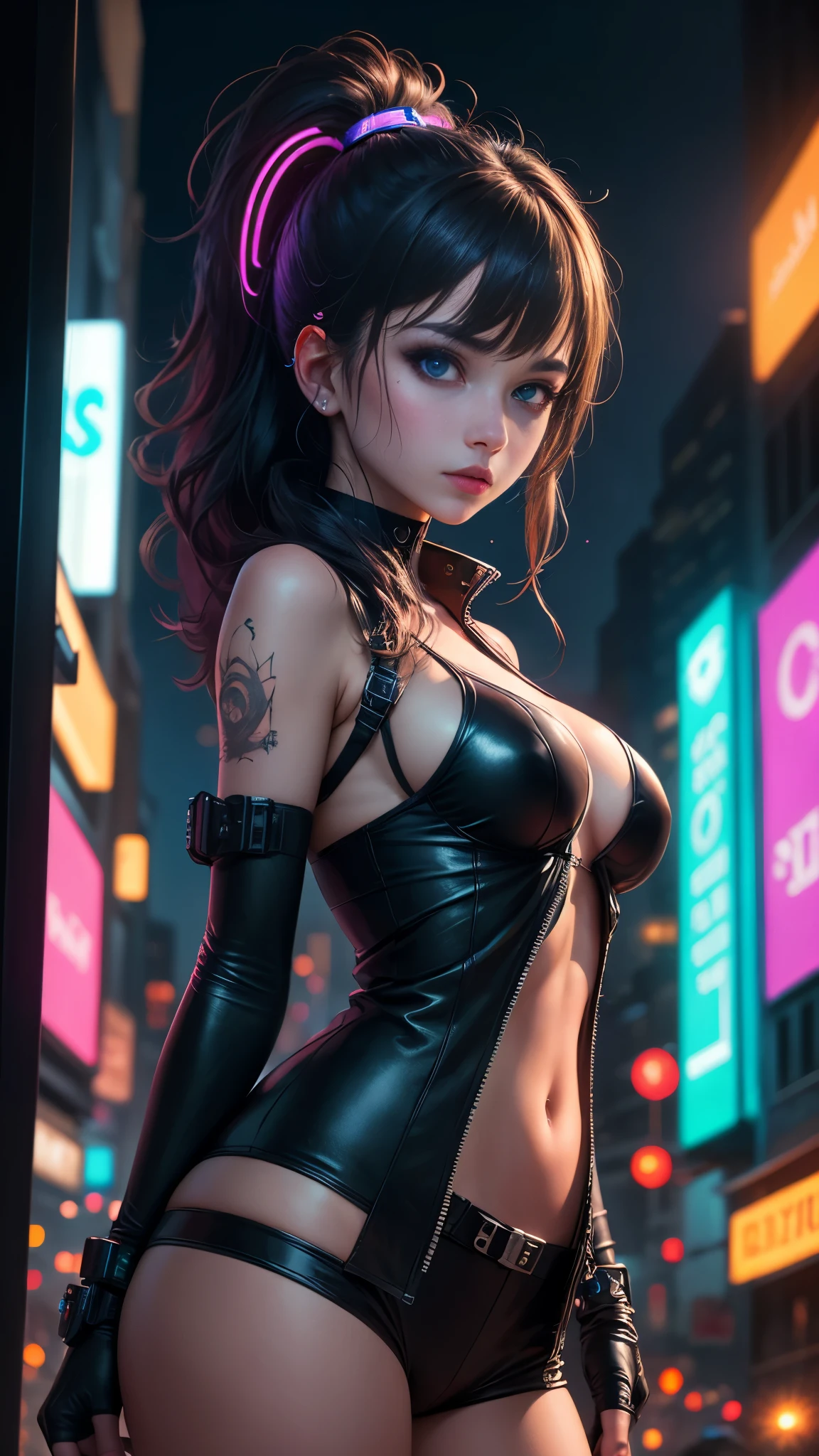 (best quality, masterpiece1.2), (detailed eye:1.2), complex detail, depth of field, 1girl, city, cyberpunk, neon, neon lights, night, moon,