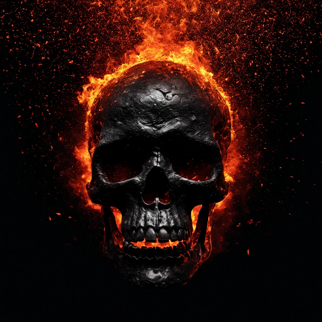 Floating mid air, Extremely intimidating looking all black skull, skull consists of only ashes and embers, enormous amount of embers raining down on the skull, small flames inside of the eyes, floating down from the ceiling, high definition , hdr, 8k quality, low light, 3d, dark intimidating environment, creative, cinematic, photography