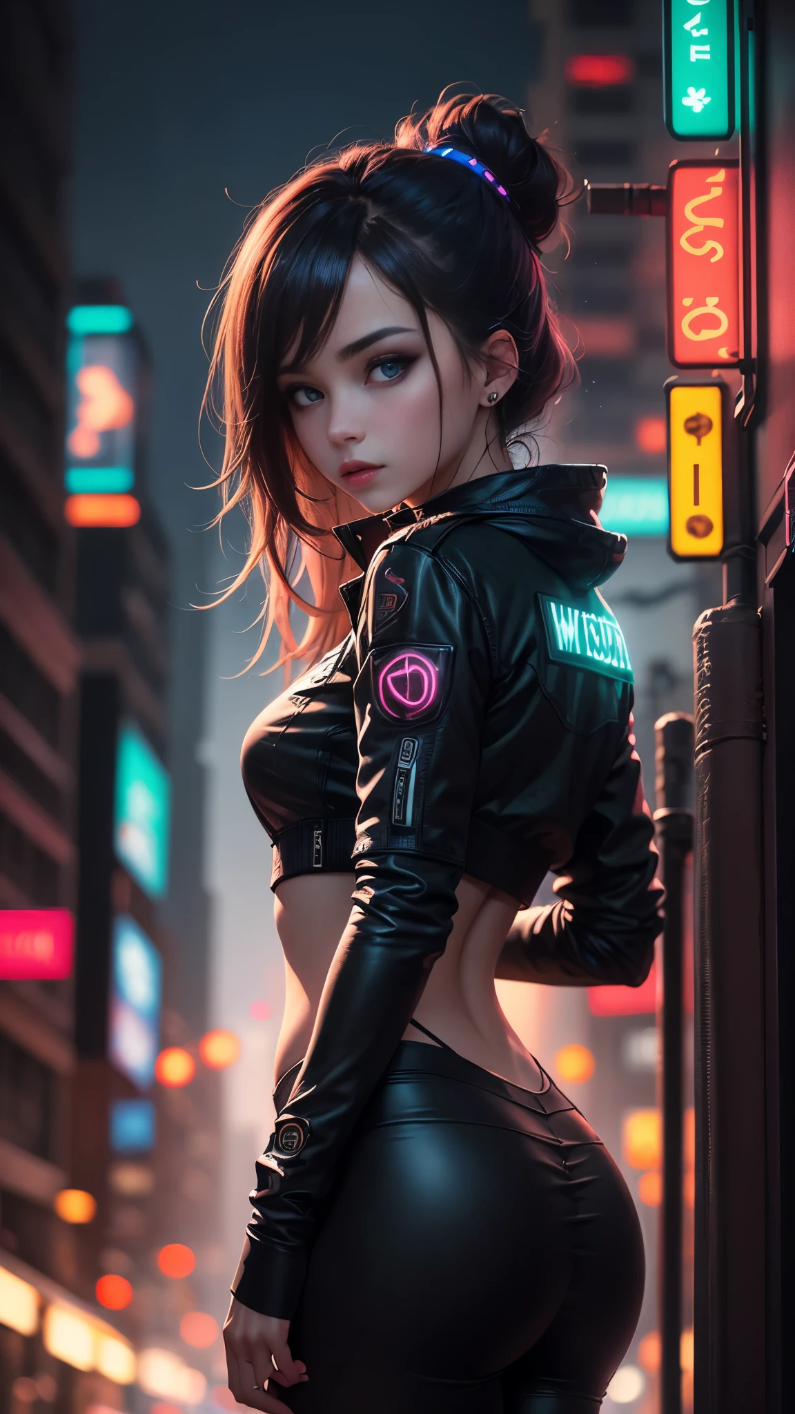 (best quality, masterpiece1.2), (detailed eye:1.2), complex detail, depth of field, 1girl, city, cyberpunk, neon, neon lights, night, moon,