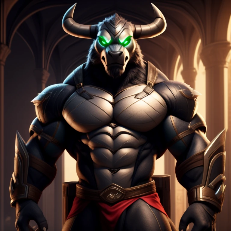 real e621, photorealistic, masterpiece, bull anthro, looking aside, sharp green eyes, full body portrait