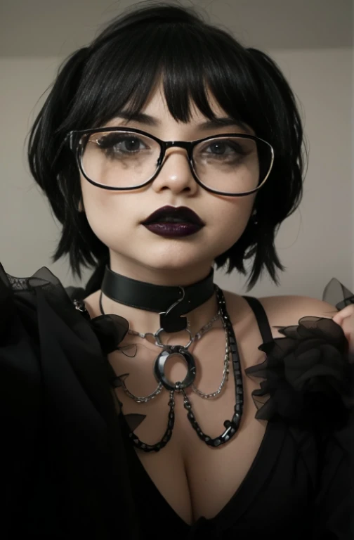 There&#39;s a woman with glasses and a chokehold with a necklace, obras de arte no estilo de guweiz, 1 7 -  - old me goth girl, retrato estilo anime, retrato de rossdraws, portrait of a goth catgirl, estilo de realismo de anime, Ross Draws 1. 0, Ross Draws 2. 5, estilo anime semi-realista, goth girl