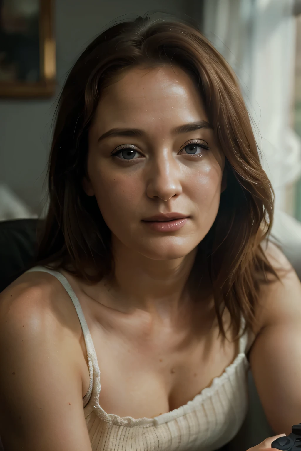 ((Jennifer ehle)), (masterpiece, best quality, high resolution:1.4), woman, (((aged 25))),  (((bedroom scene playing playstation))), ((sat in gaming chair)), skin pores texture, light brown hair, fashion, HD , Photography, movie, cinematic, Realistic, (8k, RAW photo, best quality, masterpiece:1.2), (realistic, photo-realistic:1.33), best quality, detailed eyes blue, cute, natural lighting, depth of field, film grain, wrinkled skin, sharp, detailed and realistic portrait of a woman , (freckles:0.5)