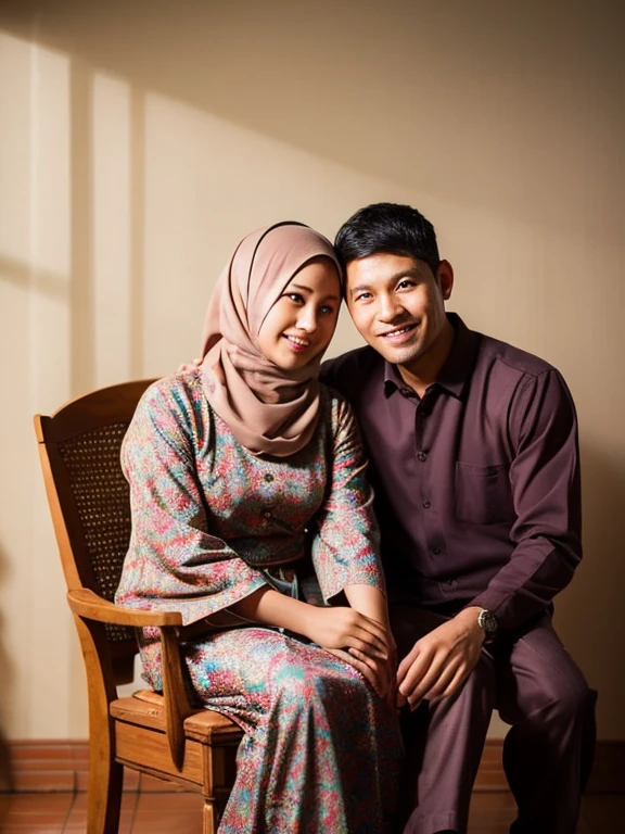 Photo of a 35 year old man with neat short hair wearing batik clothes, a 30 year old mother wearing Muslim clothes, sitting on a chair, and a boy sitting on the back of a chair, and a 4 year old boon my lap, embracing each other, smiling, serene. family portrait, Indonesian Muslim clothing, wearing soft colored batik, soft background, light behind, Indonesian family. realistic, real photos. HD