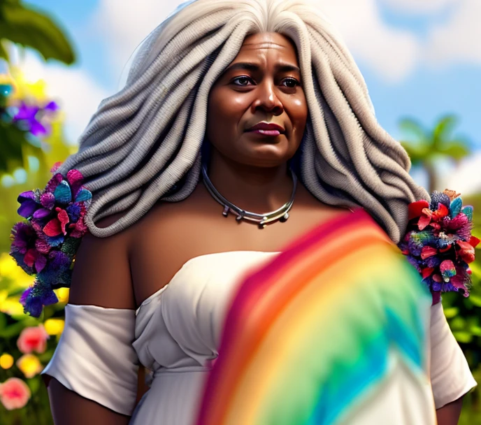 Lady Dr Mephesto, Light Brown Skin, Big Fat Older Girl, white hair, medium wavy hair, hair one side up, mouth mask, Long Hawaiian Dress with Rainbow Flowers, Surrealism, 8k, super detail, 1080P