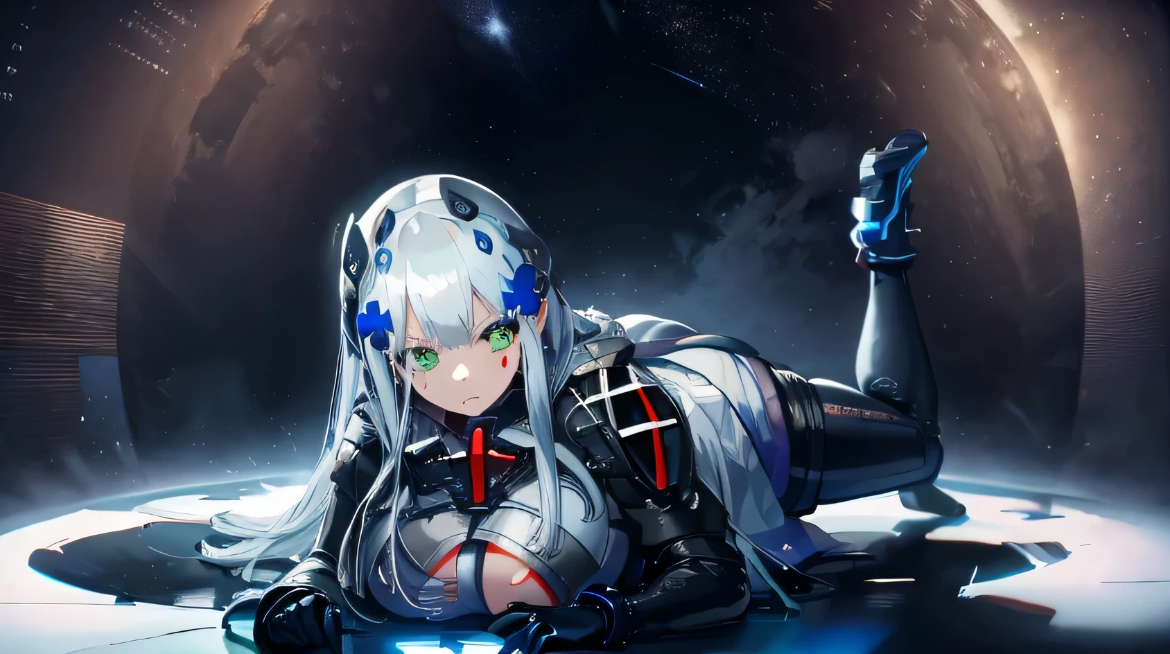 expressive eyes, hk416, white hair,hige boobs,huge ass,thick legs in spacesuit, in space with moon base in background,(best quality,4k,8k,highres,masterpiece:1.2),ultra-detailed,realistic,photorealistic:1.37,portraits,anime,studio lighting,vivid colors,bokeh,silver and blue color scheme,soft and warm lighting.