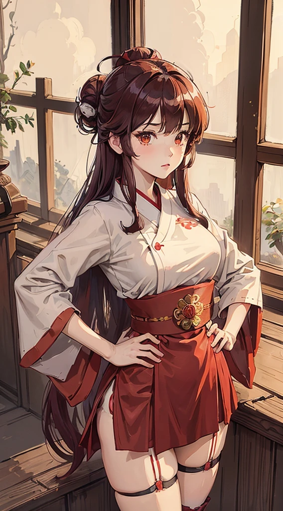 ((best quality)), ((masterpiece)), (detailed), perfect face, girl, dark red hair, long hair, thigh high, shrine maiden, Miko priestess, garter belt, onsen theme, hands on hips, long skirt, hair in bun, hair glowing, hair in bun,
