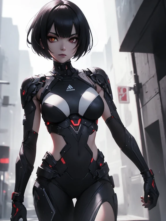 Detailed art, light-skinned humanoid Android with short black hair with triangular bangs covering the eyebrows and bright yellow Cyborg eyes running on the run, female humanoid Android with a mark on her neck that says HUGE running away, her hair has long side bangs down to her waist and back hair and very short, its skin is synthetic similar to humans, running to escape at night in a city