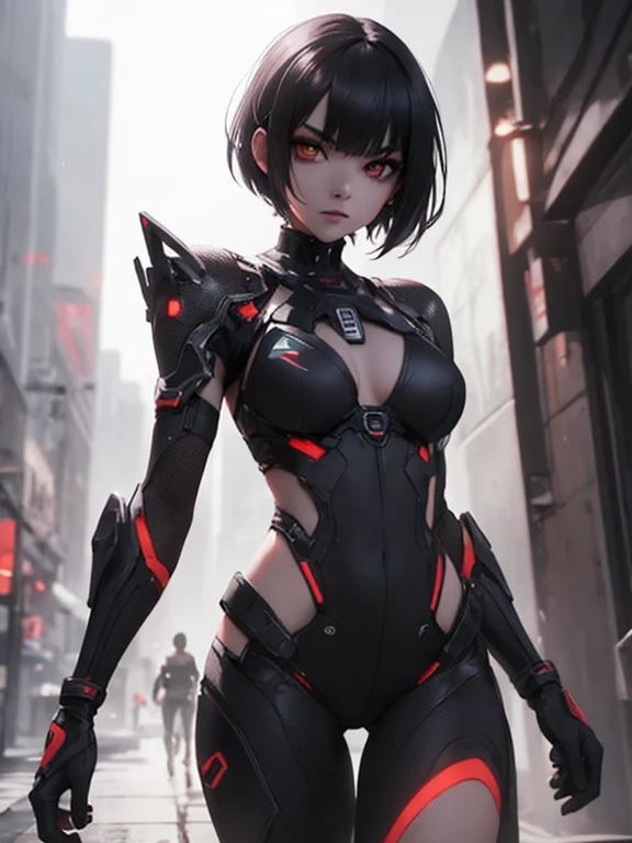 Detailed art, light-skinned humanoid Android with short black hair with triangular bangs covering the eyebrows and bright yellow Cyborg eyes running on the run, female humanoid Android with a mark on her neck that says HUGE running away, her hair has long side bangs down to her waist and back hair and very short, its skin is synthetic similar to humans, running to escape at night in a city