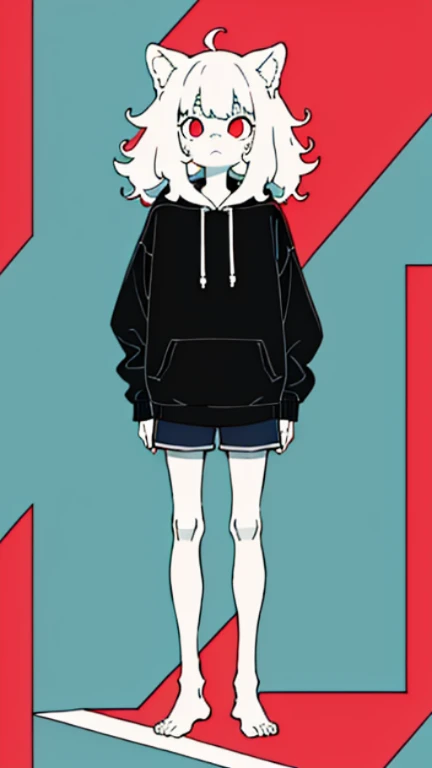 (masterpiece, Best quality) ,whole body,10 years old boy, shorts, long sleeve hooded sweater, with floppy ears like a dog's, bored expression, fluffy thick hair, burning bright eyes , (One), standing, (masterpiece), ((Best quality)), (ultra detailed), detailed information, flat colors, Colorful, (1other:1.1), Tachi-e, no designs on clothes