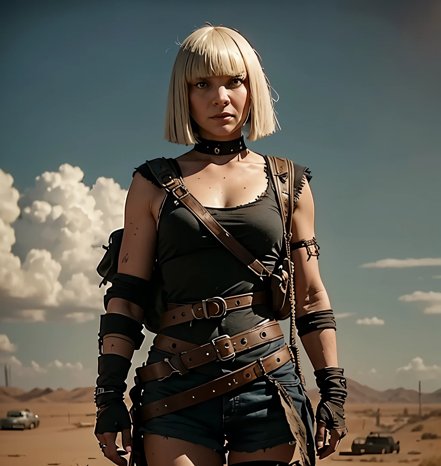 Sia, Mad Max::2 vistas interiores, Vintage camera, detallado, renderizado de octanaje, cinematic lighting, Foto realista de 8K