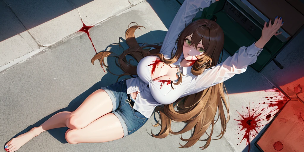 (Lying on the ground:1.2), Lisa, genshin impact, 1 girl, alone, ((buttoned white shirt)), barefoot, huge breasts, cleavage, ((Killed)), ((From above)), (cinematic lighting), (Put your arms on the ground), (raise your arms up), ((Sea of Blood)), dutch angle, ((Bloody Body)), ((blood on their clothes)), ((rape face)), (((horror))), (stretch your legs), (turn your face slightly to the left:1.2), uniform, office background, denim shorts, office, hair between eyes, messy hair, large chest, long hair, brown hair, red short nails, green eyes, alone, (Thin knees, thick thighs), (long legs), very long hair, ((masterpiece)), classroom, board, class board, Slender, mature woman
