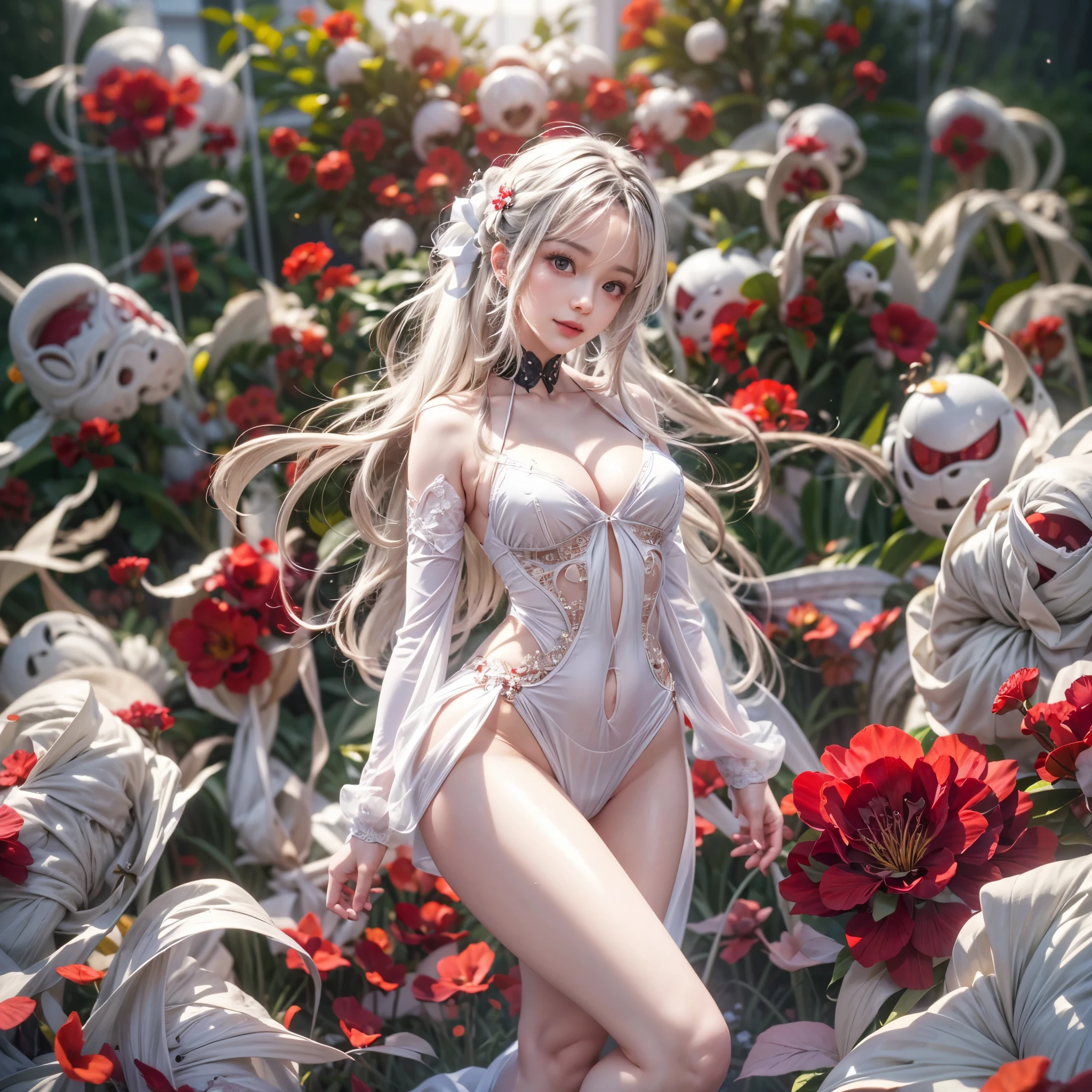 ((NSFW:-0.9, (nipple:-0.9), Acutance:0.85, White and Red, Mystic sight, (many Dazzling flush lights with lens flares) and lens Ghost, Luminous Particles, many colorful Lights )) . best quality, (masterpiece:1.3, realistic, photorealistic, ((analog photo:1.37)), ultra detailed:1.3) . (Amazing KAWAII Idols Walking on stage), ((Extremely detailed (KAWAII face variations)) with joyful expressions), { oiled ivory skin | Overflowing Biomechanical HUGE and HEAVY boob | pretty hips | (Exquisitely White dress with back cutouts) | Full of flowers covering girl's body | long hair:-0.8 }, { (Visible naked backs with Overflowing sideboob) | ( Walking on stage with Red highheels, large crowd:1.4) } . (((Ass focus, butt crack))), Whole Body proportions and all limbs are anatomically accurate .