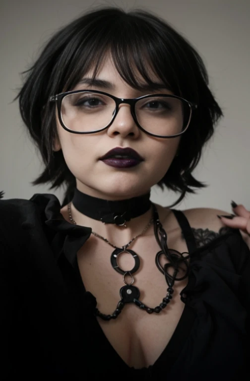 There&#39;s a woman with glasses and a chokehold with a necklace, obras de arte no estilo de guweiz, 1 7 - year - old anime goth girl, retrato estilo anime, retrato de rossdraws, portrait of a goth catgirl, estilo de realismo de anime, Ross Draws 1. 0, Ross Draws 2. 5, estilo anime semi-realista, goth girl