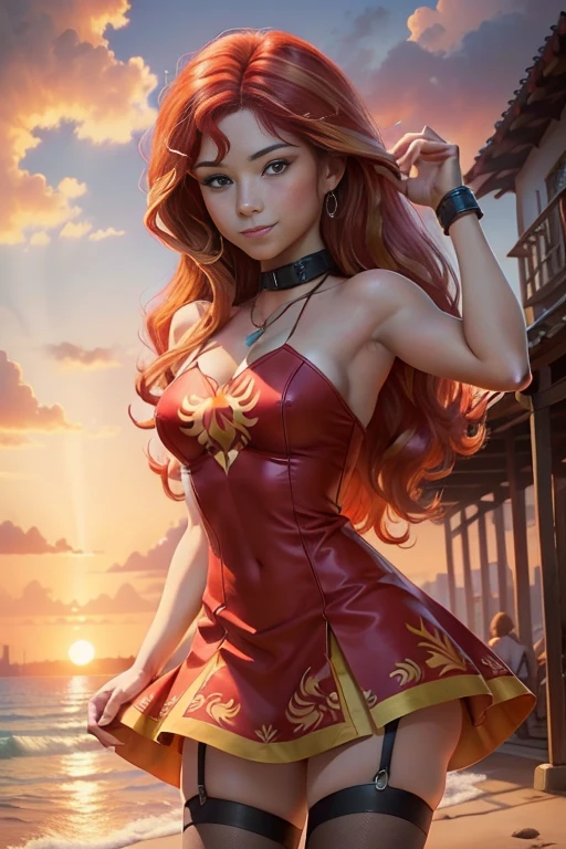 Flor de manzano, Solo, cabello rojo, pelo largo, ojos naranjas, pecas, adorable, Sonrisa, mirando al espectador, obra maestra, Mejor calidad, alta calidad , mlp , Sunset Shimmer